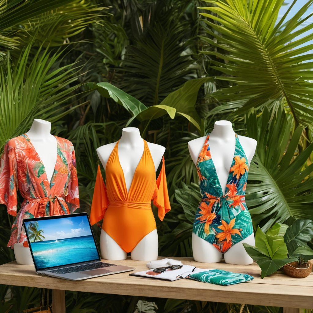 A stylish beachwear wardrobe display featuring a variety of colorful swimsuits, cover-ups, and accessories on mannequins surrounded by tropical elements like palm leaves and sand. Include a laptop with an online training interface visible on the table, blending fashion with technology. Bright, sunny lighting enhances the vibrant colors of the garments. beachy, tropical vibe. super-realistic. vibrant colors.